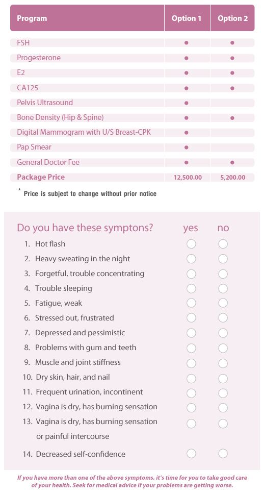 Menopause check-up package. Progesterone, Pelvis Ultrasound, Bone Density, Pap Smear and more.