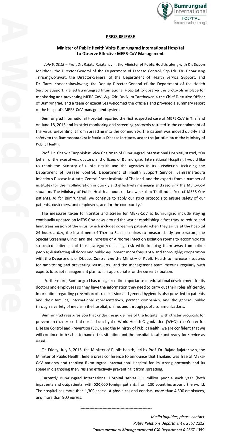 Press-Release_MOPH-Visit MERS treatment in Thailand